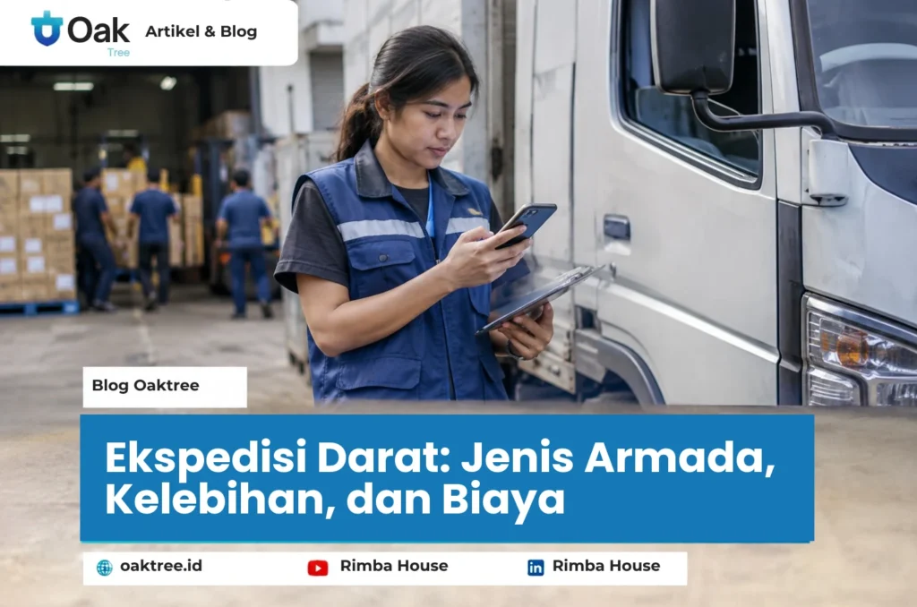 Koordinator logistik memeriksa status pengiriman di dekat kendaraan ekspedisi darat di area gudang.