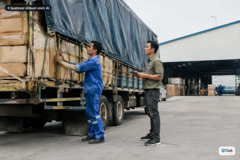 Pengemudi dan petugas gudang memeriksa muatan bisnis sebelum pengiriman darat.
