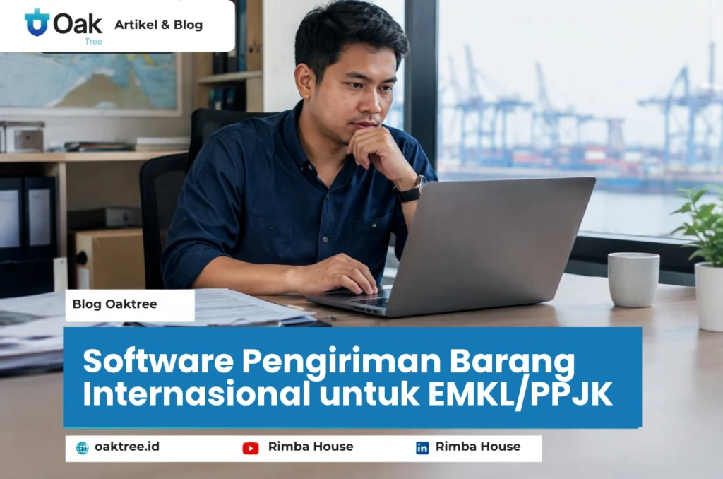 Manajer operasional freight forwarding meninjau dashboard pengiriman internasional di laptop.