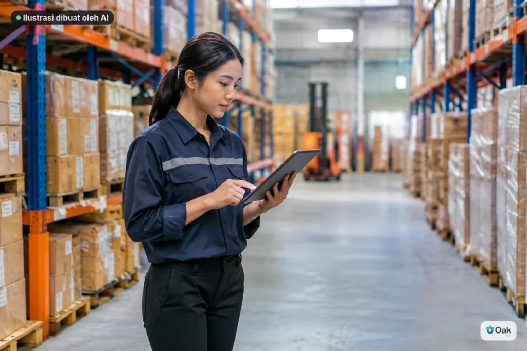 Staf operasional logistik mengecek status kargo melalui tablet di gudang.